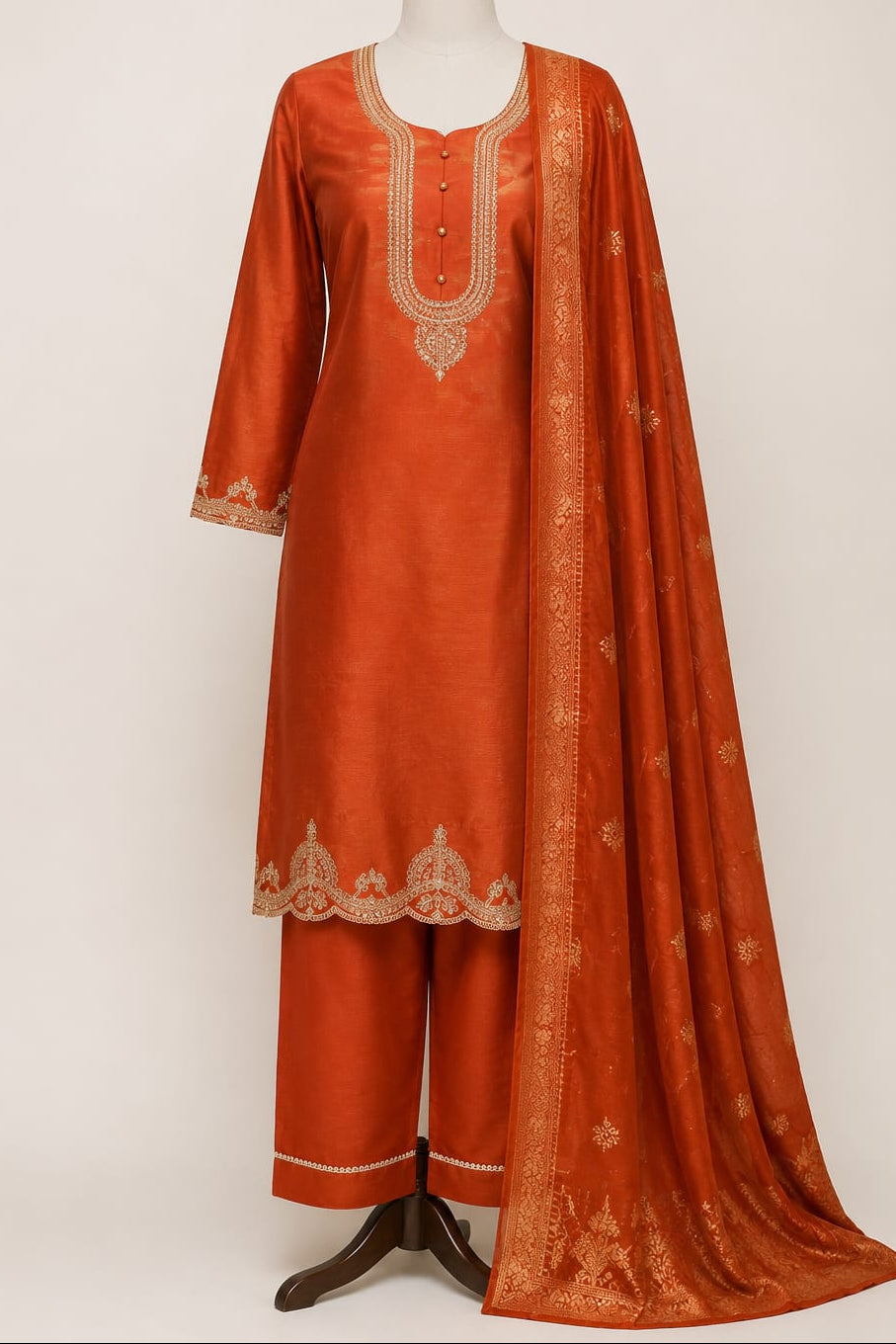 Denting Shimmer | Neck Designer Embroidery with Buttons | Sleeve Work | Shimmer Bottom | Banarasi Jaquard Dupatta | Readymade
