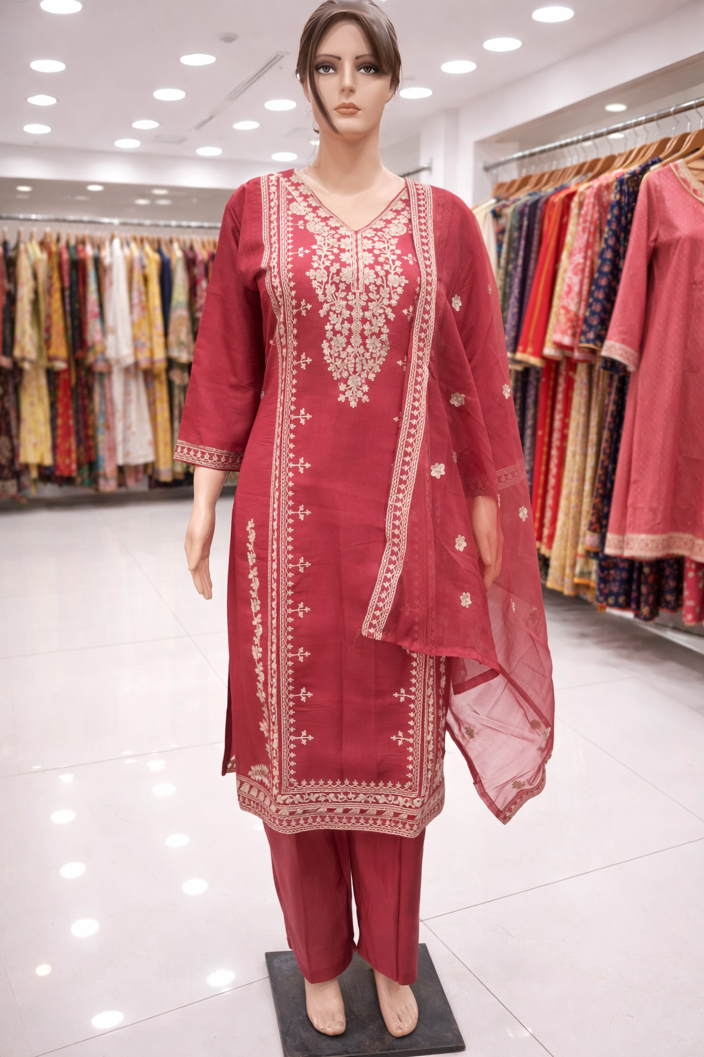 Roman Silk with Heavy Threadwork and Organza Dupatta
