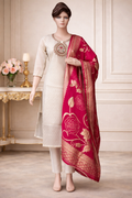 Silk with Designer Neck Work & Contrast Dupatta