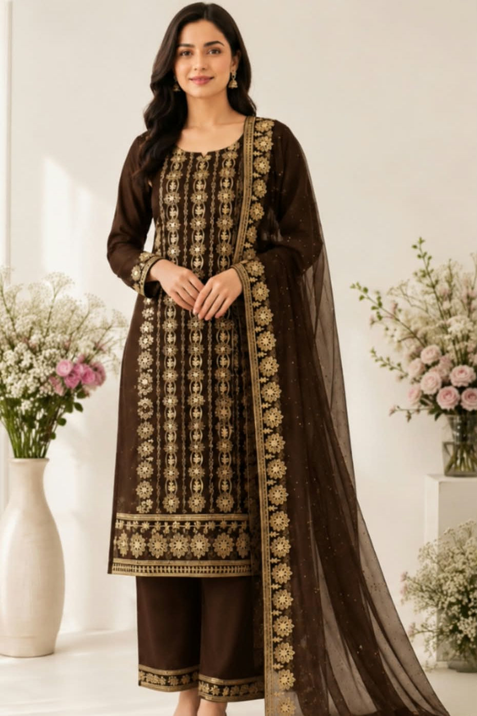Tissue Net with Heavy Embroidery - | Unstitched | Coffee