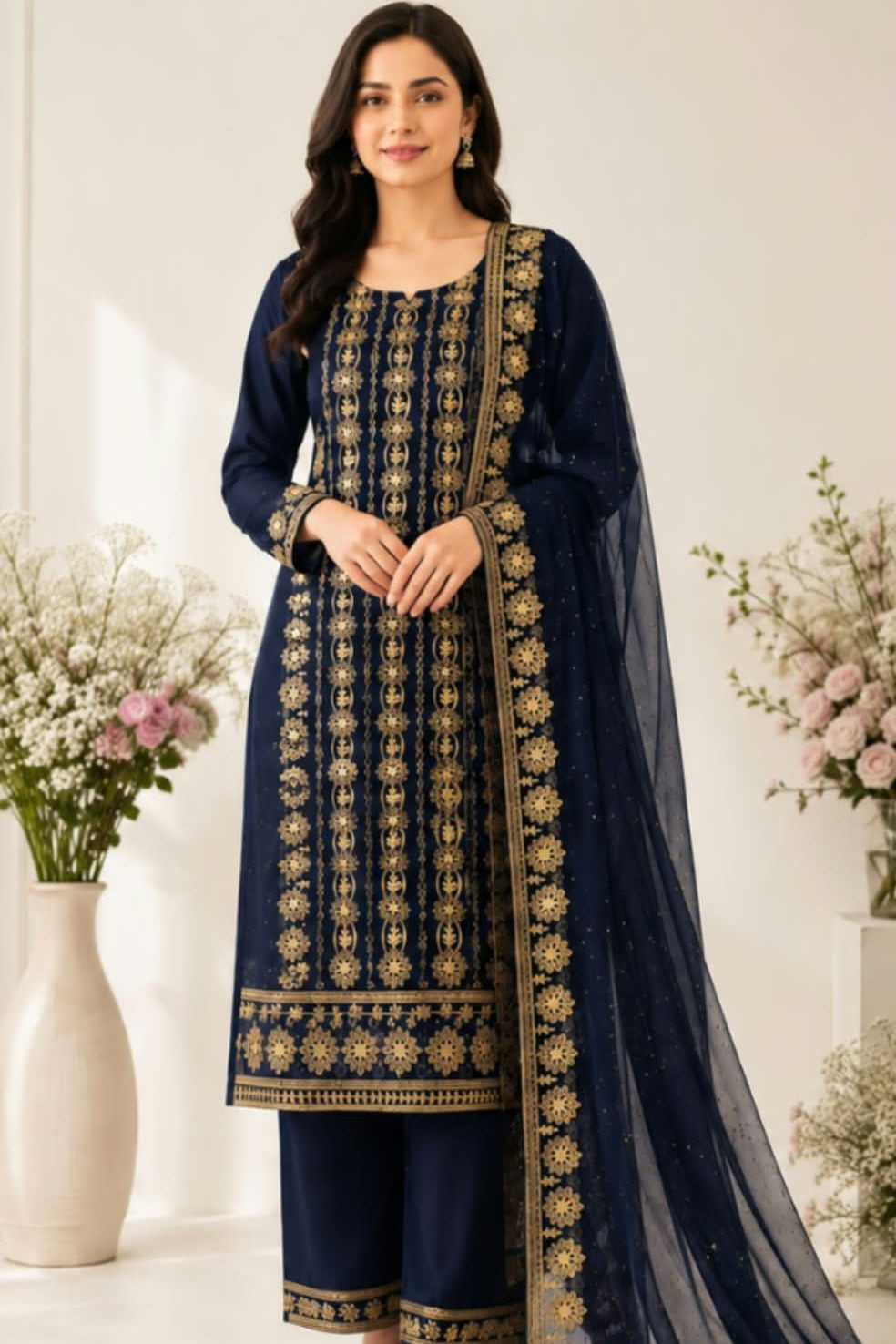 Tissue Net with Heavy Embroidery - | Unstitched | Navy Blue