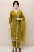 Vertican Silk | Mirror Work | V Neck | Organza Embroider Dupatta | ReadyMade | Olive Yellow