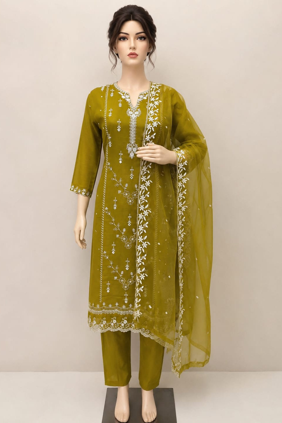 Vertican Silk | Mirror Work | V Neck | Organza Embroider Dupatta | ReadyMade | Olive Yellow