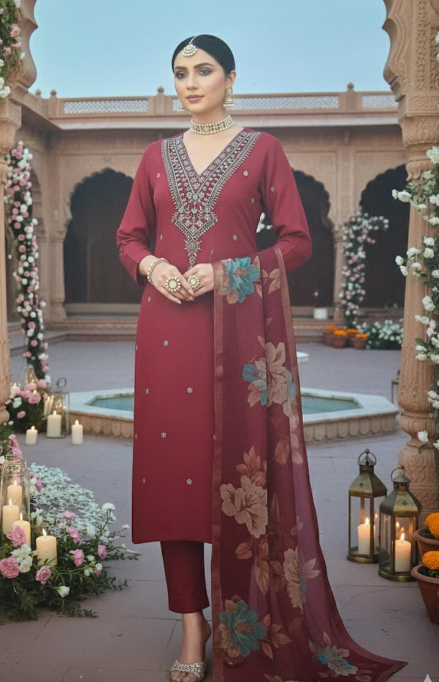 Roman Silk with Neck Work - Brownish Red