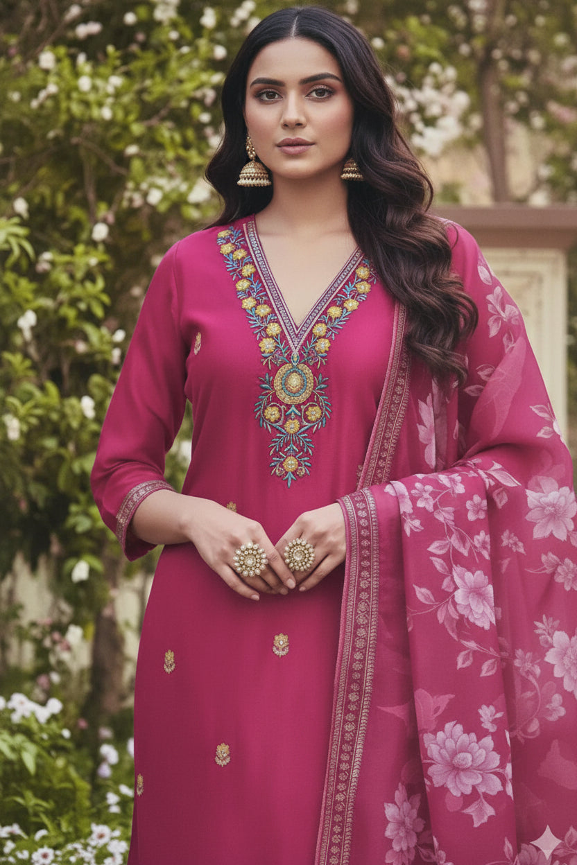Roman Silk with Neck Work Design - Rani Color