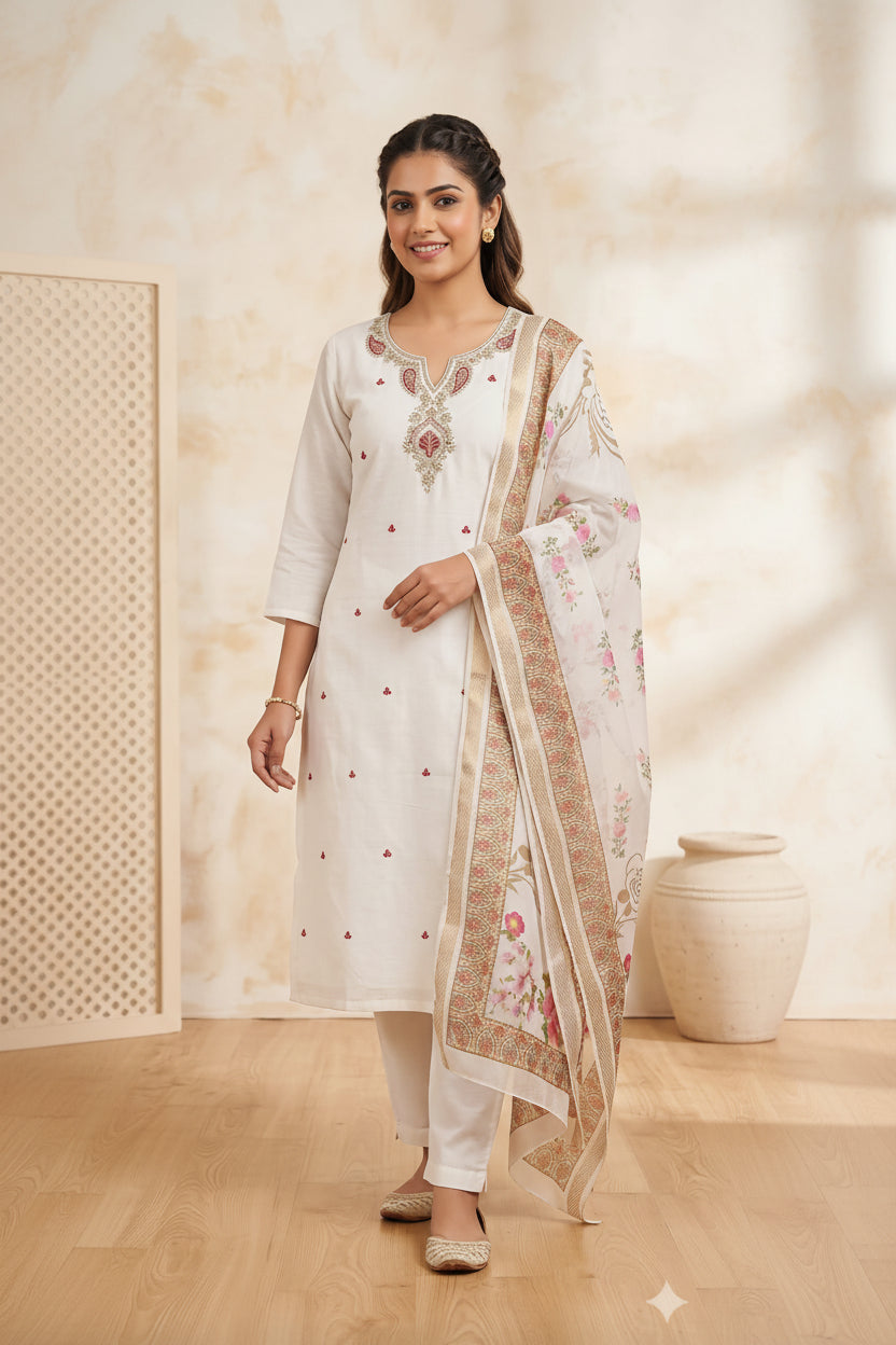 Roman Silk with Neck Hand Work - OffWhite