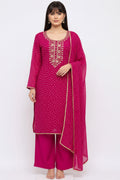 Georgette Bandhani Print | Neck Gotta Work  | Santoon Bottom | Georgette Dupatta | Unstitched |  Vibrant Pink