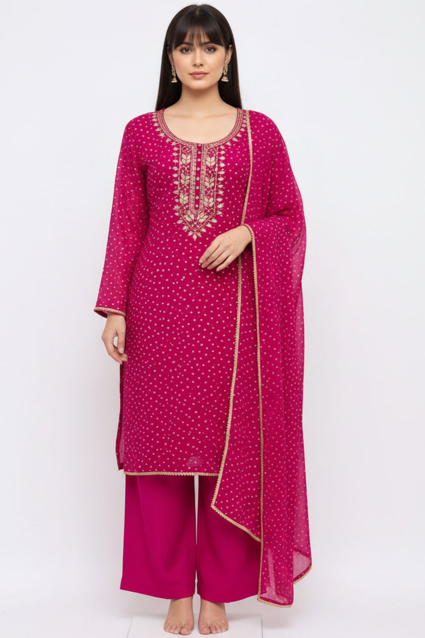 Georgette Bandhani Print | Neck Gotta Work  | Santoon Bottom | Georgette Dupatta | Unstitched |  Vibrant Pink