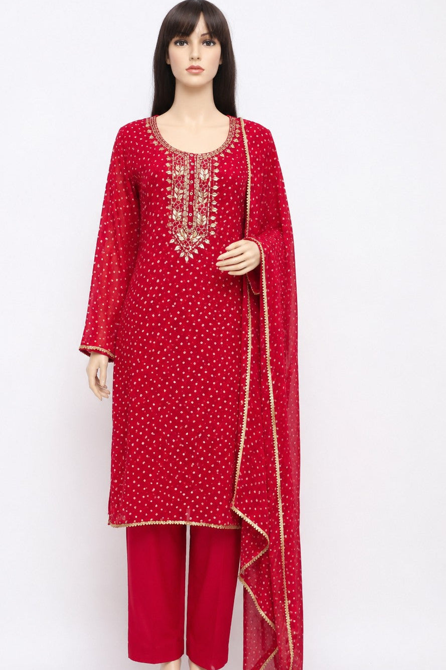 Georgette Bandhani Print | Neck Gotta Work  | Santoon Bottom | Georgette Dupatta | Unstitched |  Red