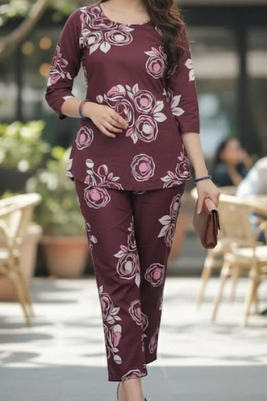 Rayon Cotton Floral Printed Cord-Set- Wine Color