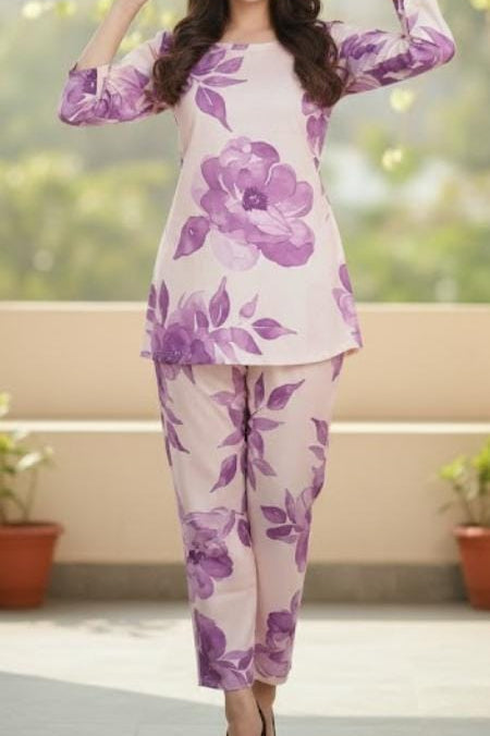 Rayon Cotton Floral Printed Cord-Set- Lavender