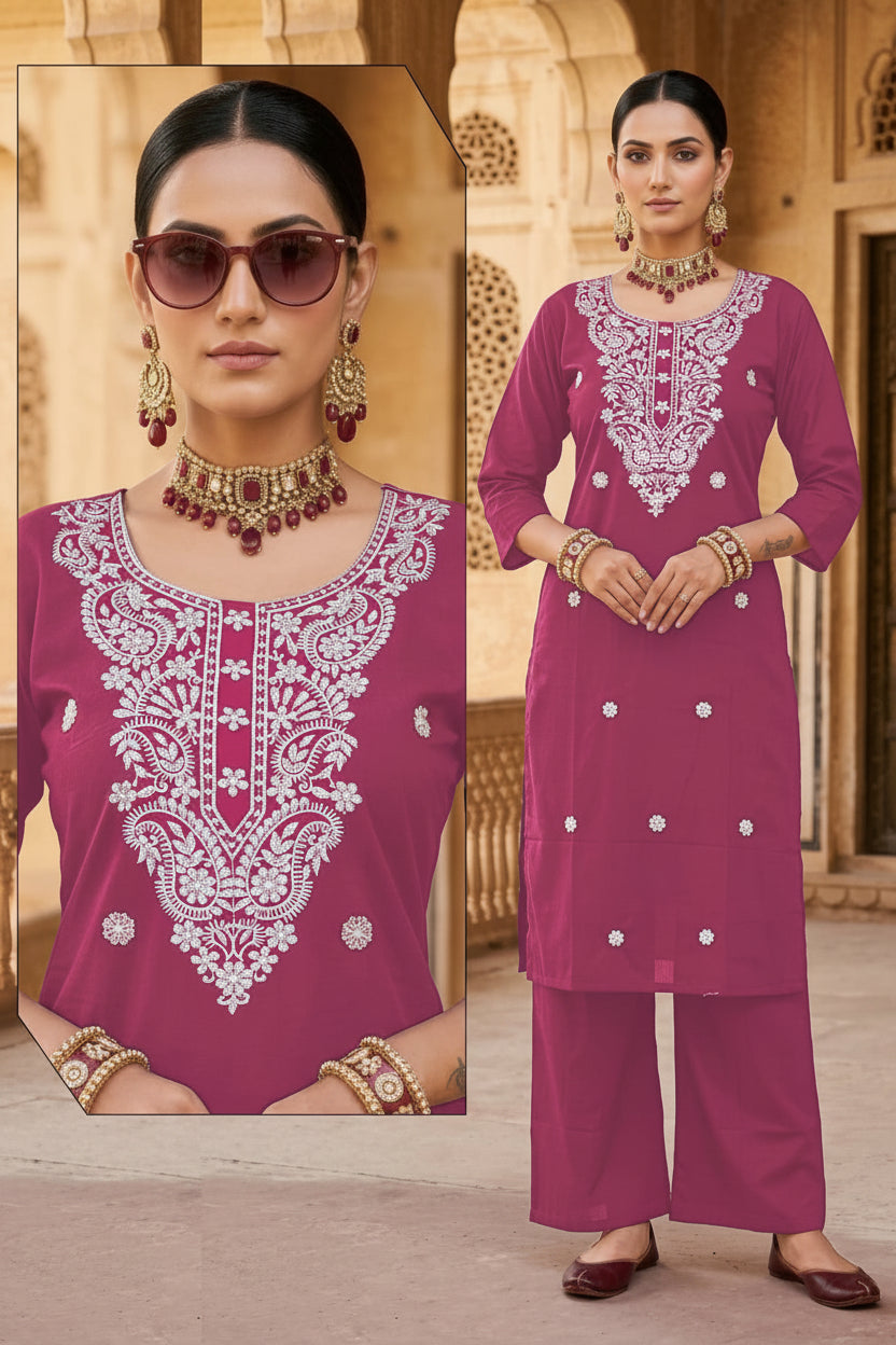 Rayon Long Cord-Set | Embroidery | Plazo  |  Dark moderate pink