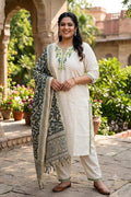 Plus Size | Khadi Cotton | Neck Embroidery | Bottom Work | Silk Printed Dupatta | Off-White