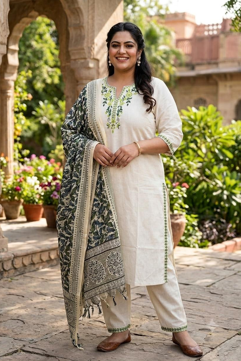 Plus Size | Khadi Cotton | Neck Embroidery | Bottom Work | Silk Printed Dupatta | Off-White