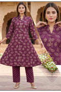 A-Line Rayon Printed Long Cord-Set | Side Pocket | Printed Bottom  | Purplish Red
