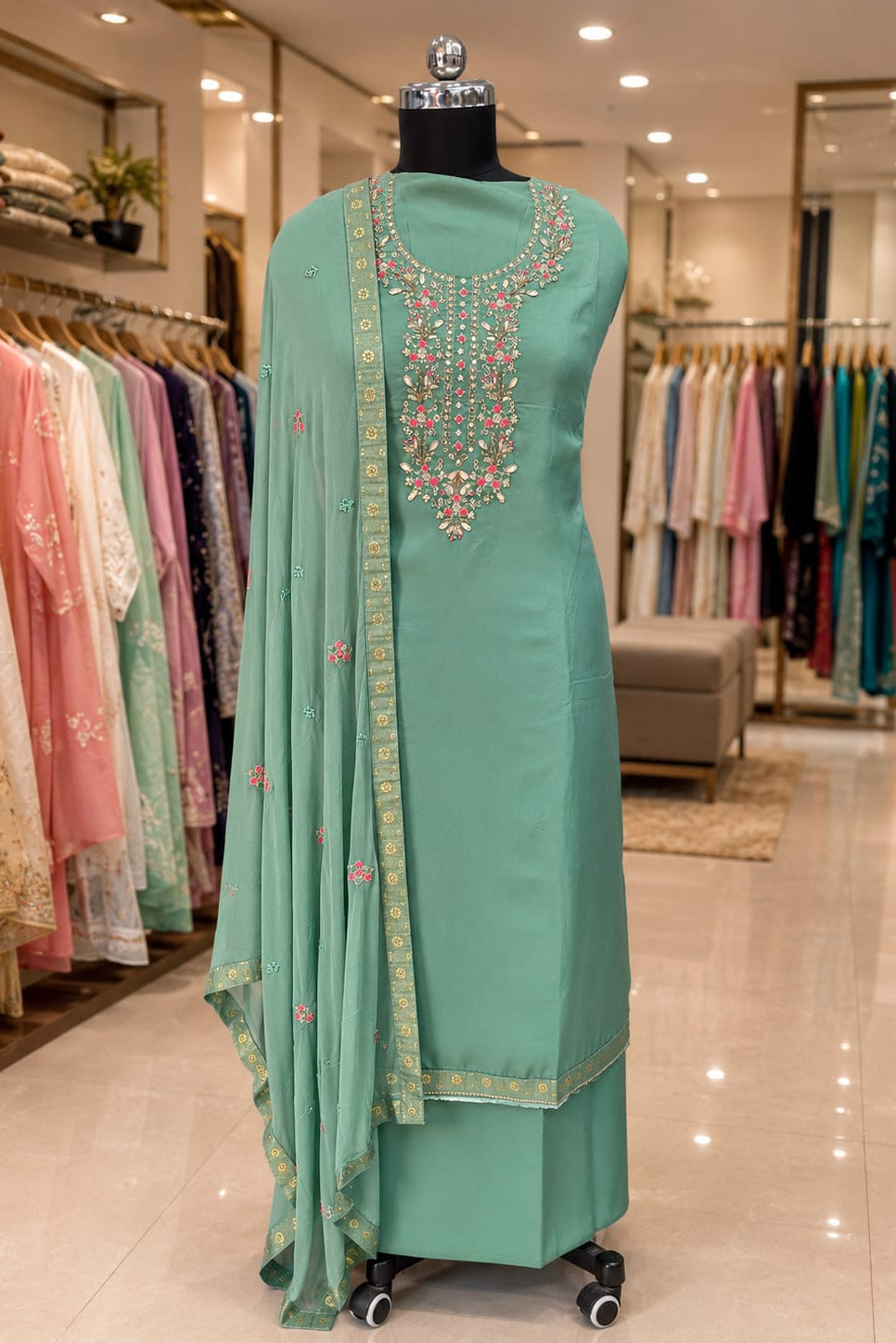 Viscose Organza | Handwork  | Embroider Dupatta | Unstitched |  Sea Green