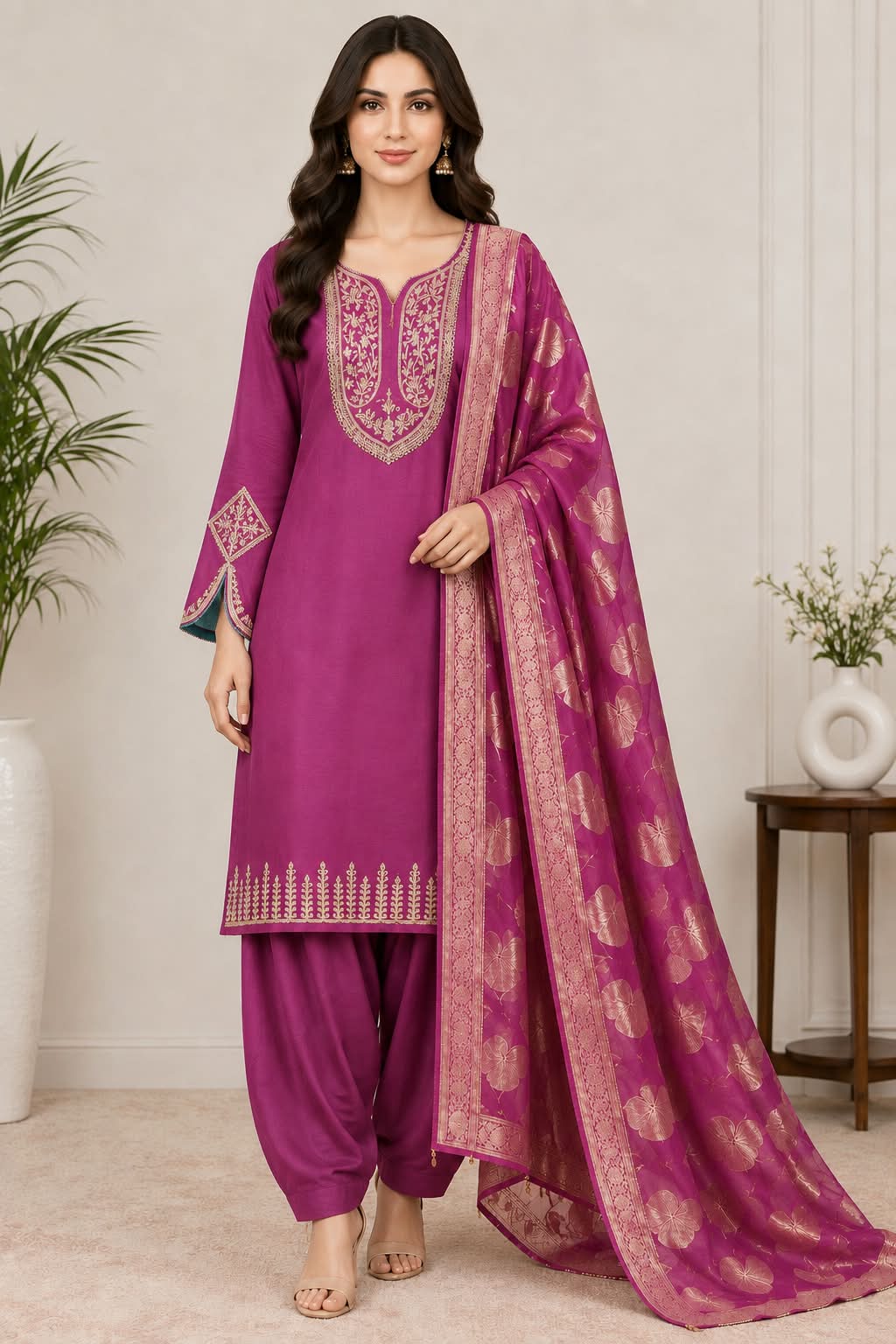 Denting Shimmer | Neck Embroidery | Designer Cut Sleeves| Banarasi Jacquard Dupatta | Unstitched | Lavender
