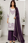 Tabby Silk | Thread Embroidery | Muslin Contrast Dupatta | Unstitched | Dark Purple
