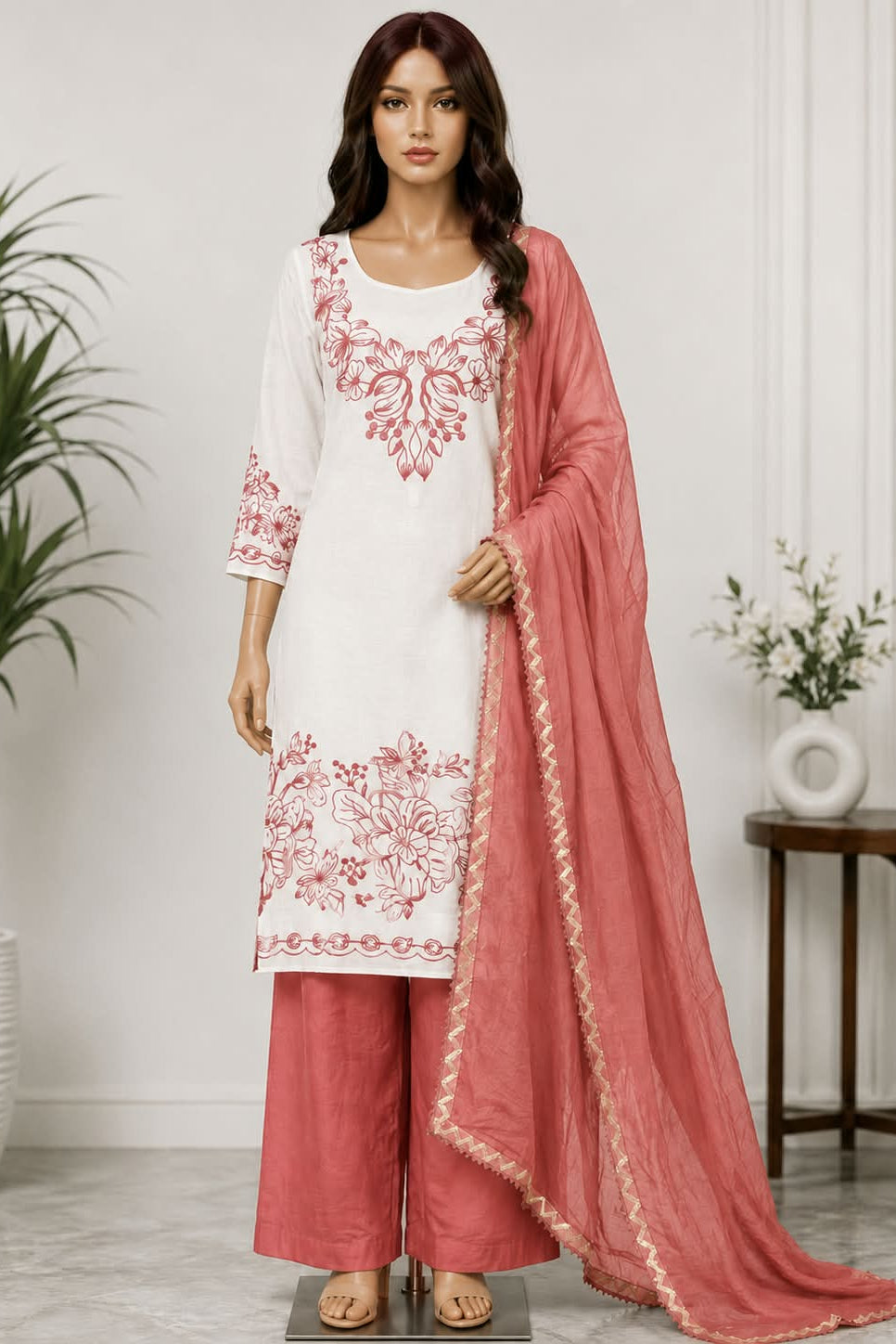 Tabby Silk | Thread Embroidery | Muslin Contrast Dupatta | Unstitched | Gajri