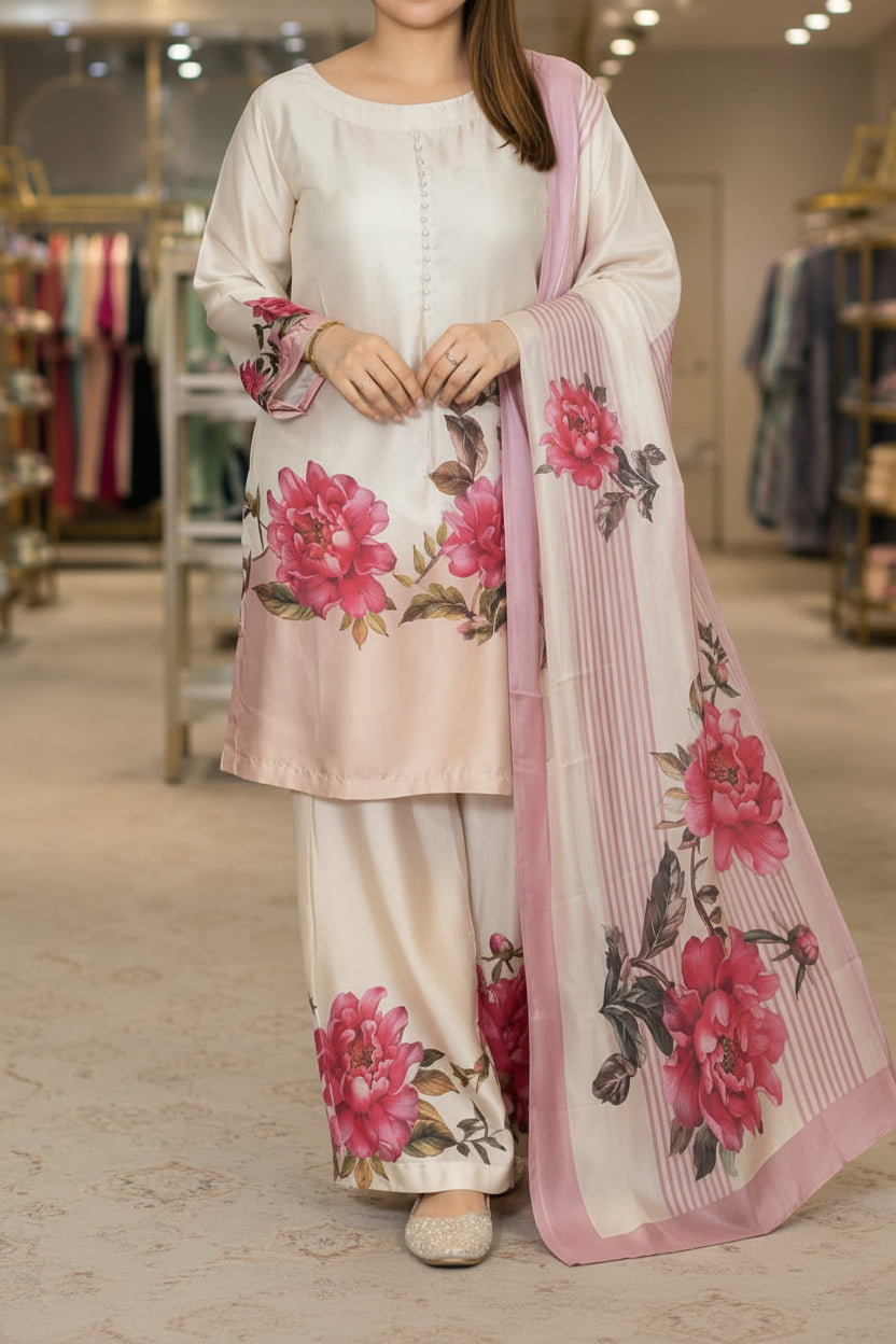 Armani Satin | Digital Print | Farshi Salwar |  Digital Print Dupatta | Unstitched | Floral Pink