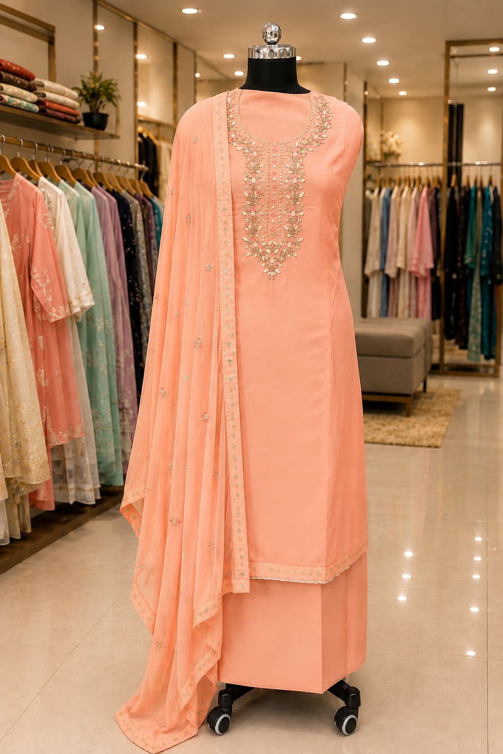 Viscose Organza | Handwork  | Embroider Dupatta | Unstitched |  Peach