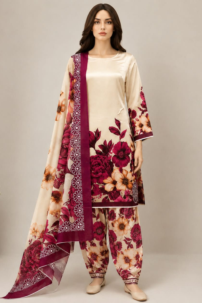 Armani Satin | Digital Print | Farshi Salwar |  Digital Print Dupatta | Unstitched | Beige & Wine