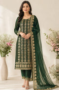 Tissue Net with Heavy Embroidery - | Unstitched | Bottle Green Color