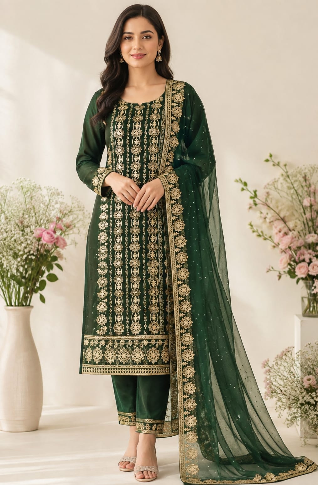Tissue Net with Heavy Embroidery - | Unstitched | Bottle Green Color