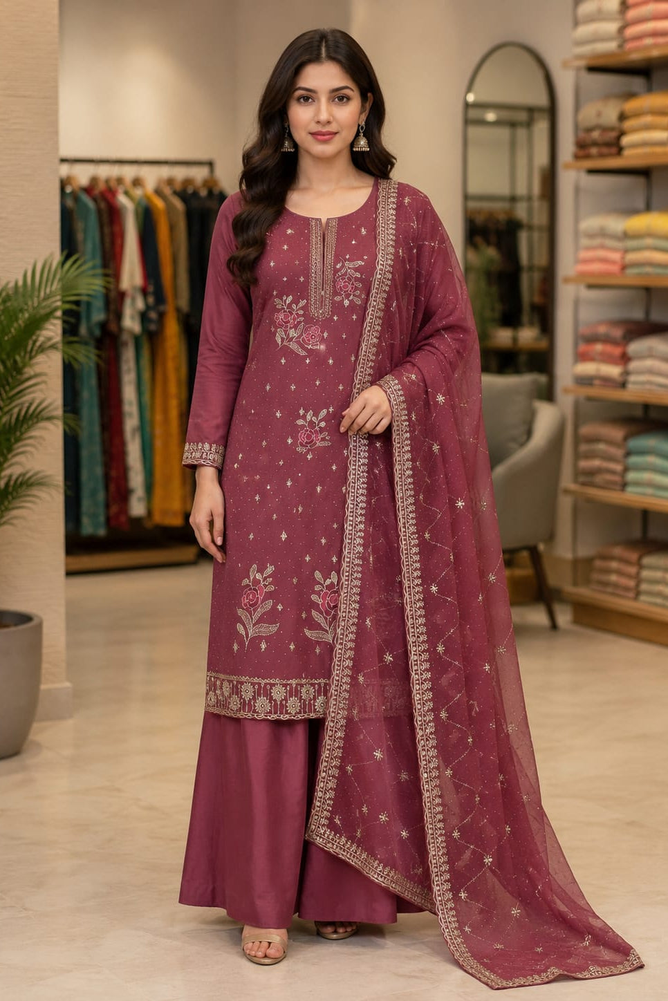 Georgette with Seroski and Embroidery - | Unstitched | Onion Color
