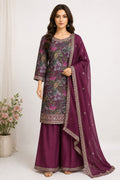 Crepe Printed with Beautiful Neck Work and Divider - Wine