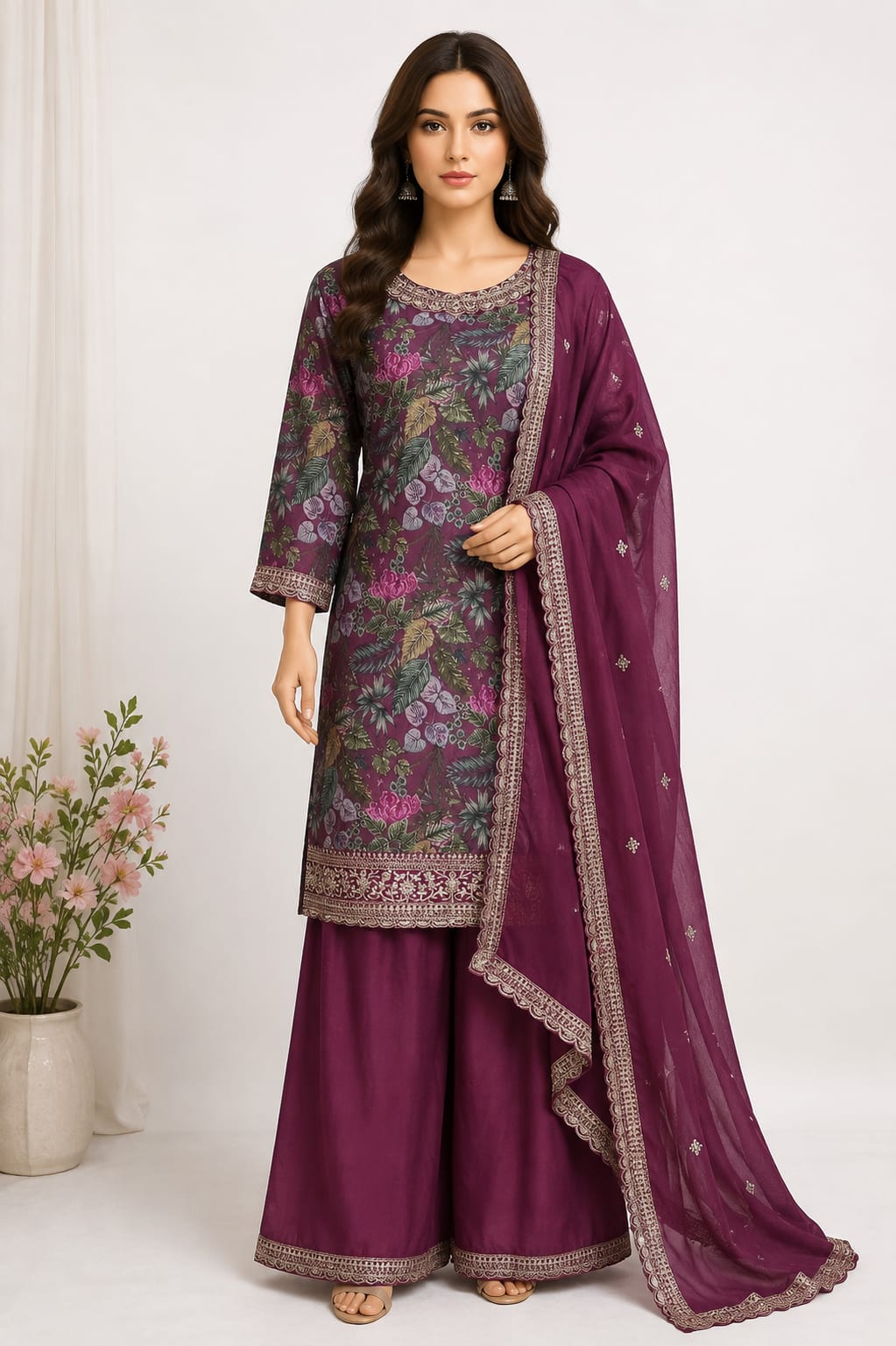 Crepe Printed with Beautiful Neck Work and Divider - Wine