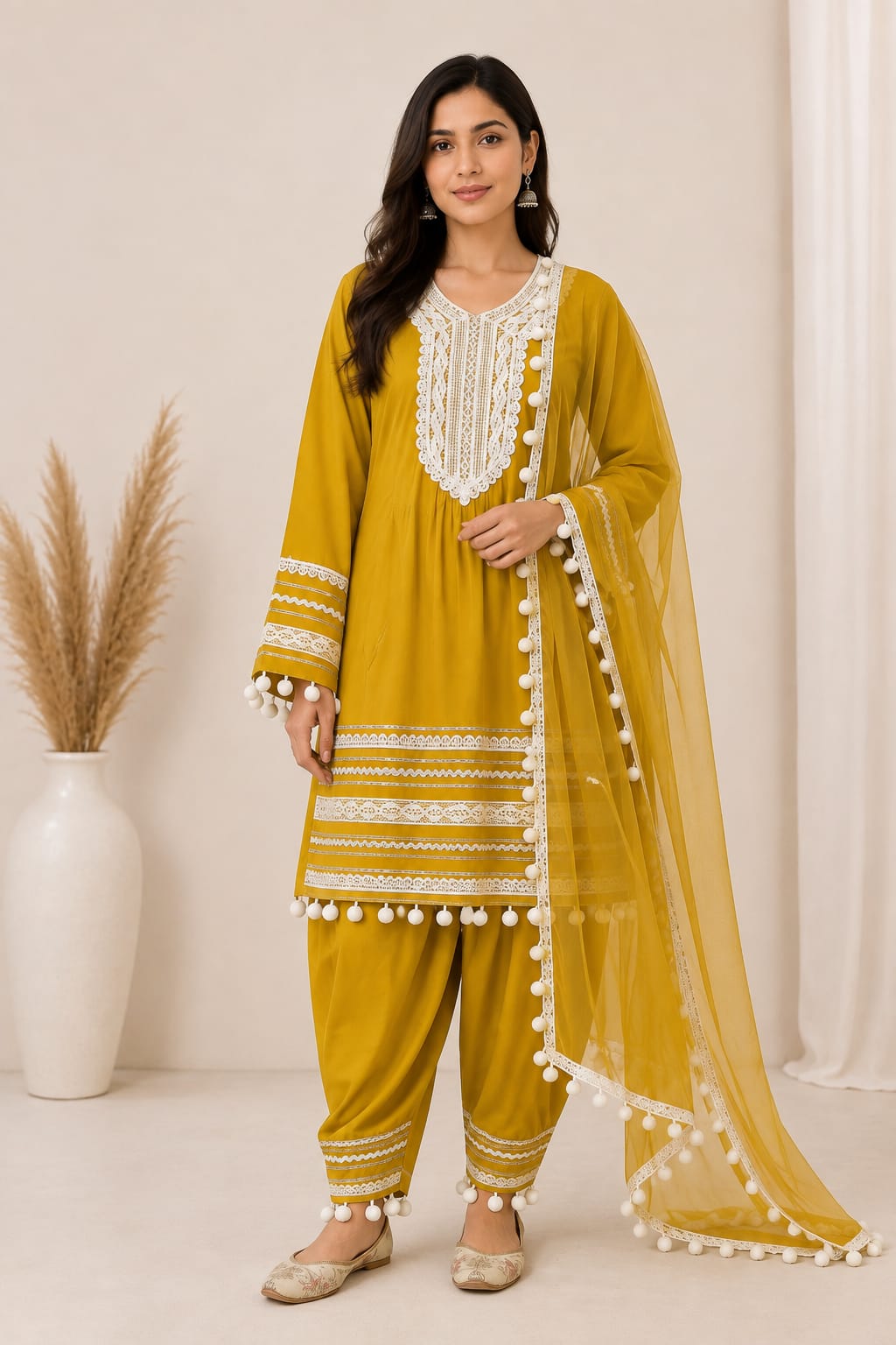 Vertican Cotton Pomp Pomp  with Dhoti Salwar - Mustard