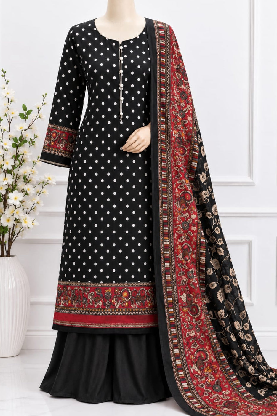 Linen Cotton Fabric with Polka Dots  | Unstitched | Black