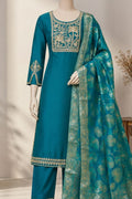 Denting Shimmer | Neck Embroidery | Designer Cut Sleeves| Banarasi Jacquard Dupatta | Unstitched | Peacock