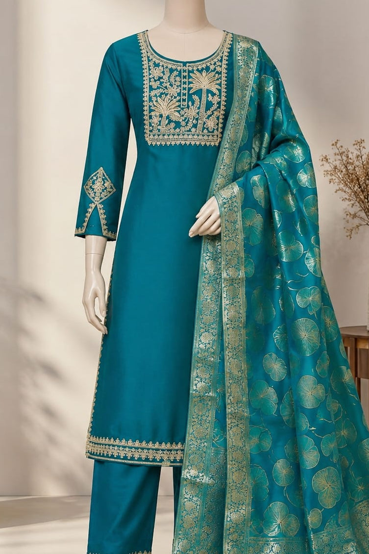 Denting Shimmer | Neck Embroidery | Designer Cut Sleeves| Banarasi Jacquard Dupatta | Unstitched | Peacock