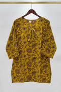 Yellow top with brown floral pattern