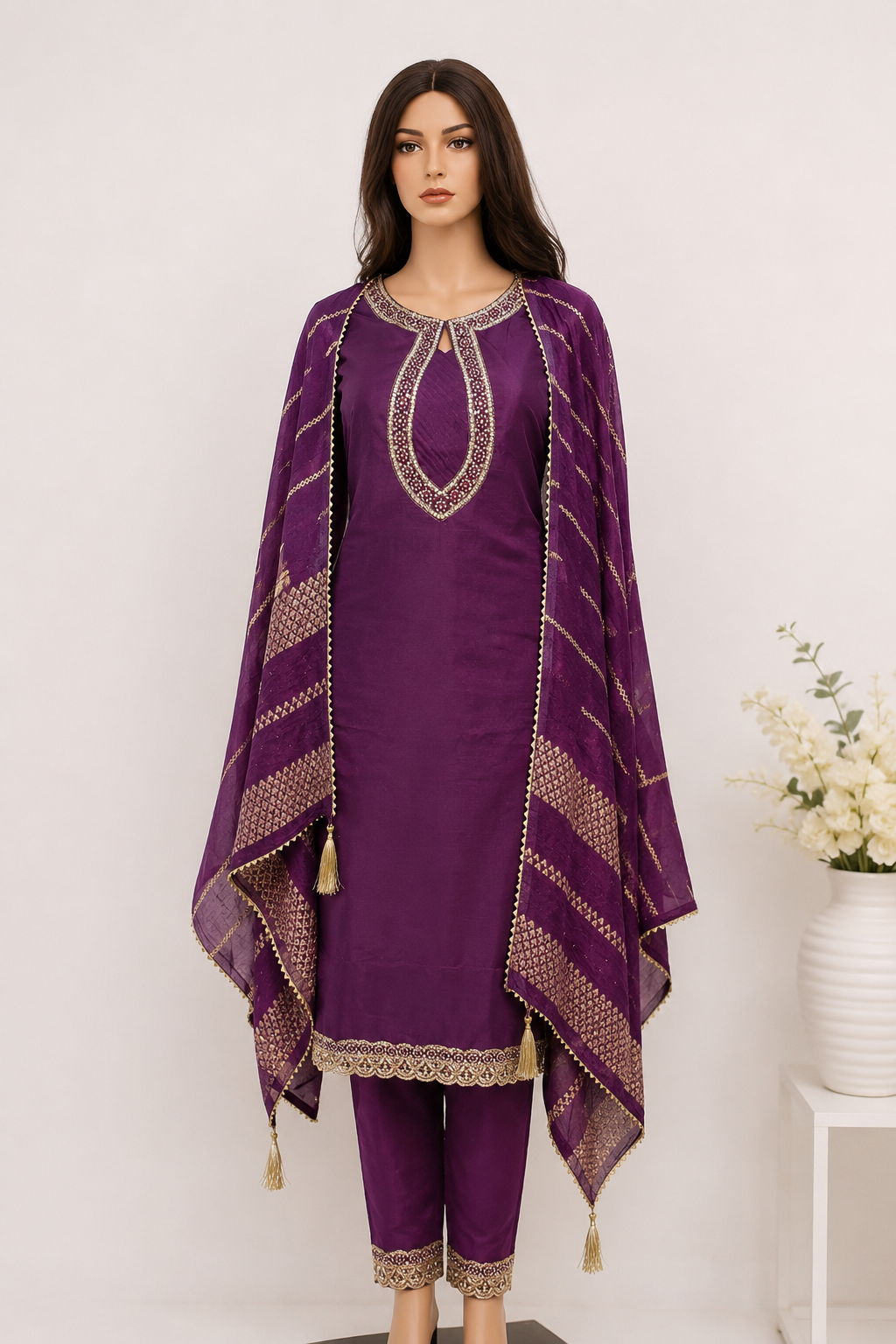 Roman Silk | Heavy Embroidery | Beautiful Neck Work | ReadyMade - Dark Purple